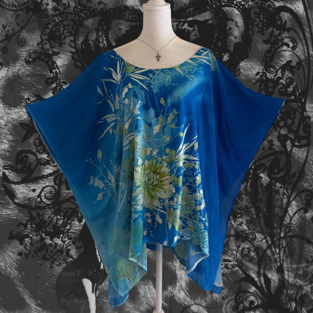 botanical floral ethereal fairy blue green batwing top